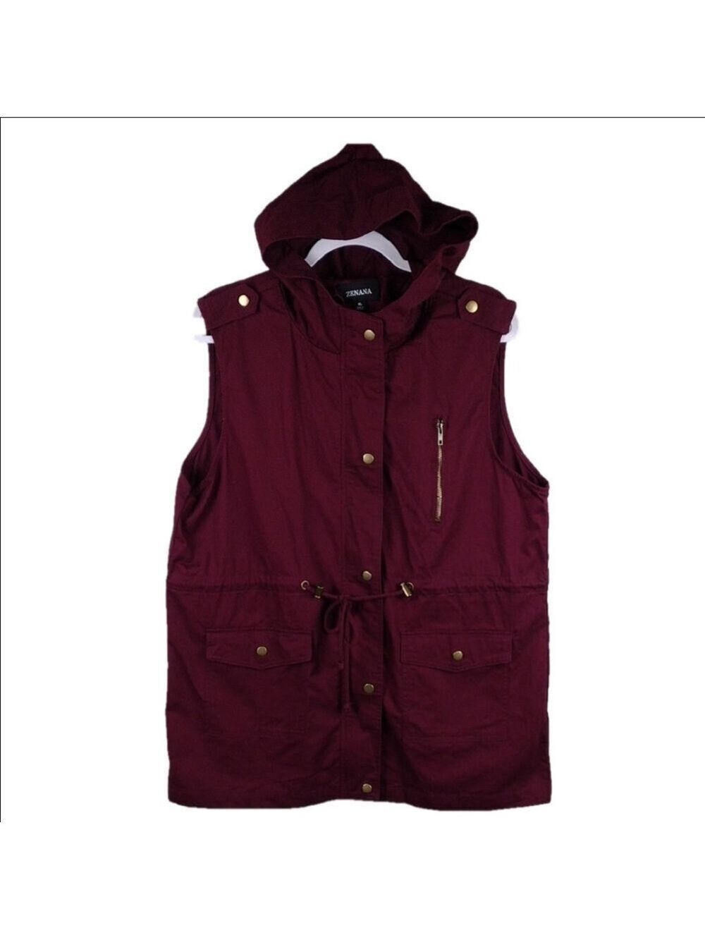 Zenana Red Burgundy Sleeveless Hooded Snap Zip Front Up Mid Length Vest Jacket